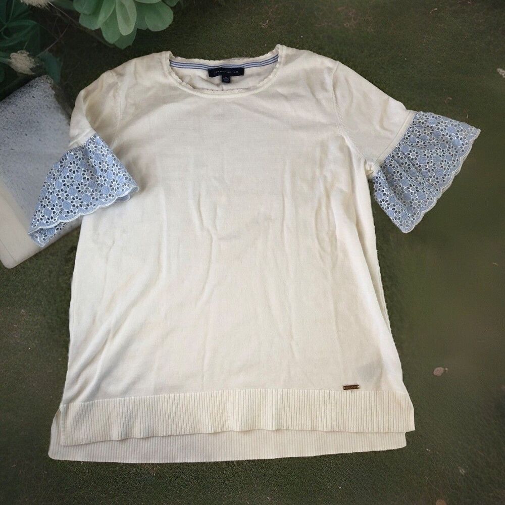 TOMMY HILFIGER Women’s Short Sleeve  Sweater Lace Detail White Size XL